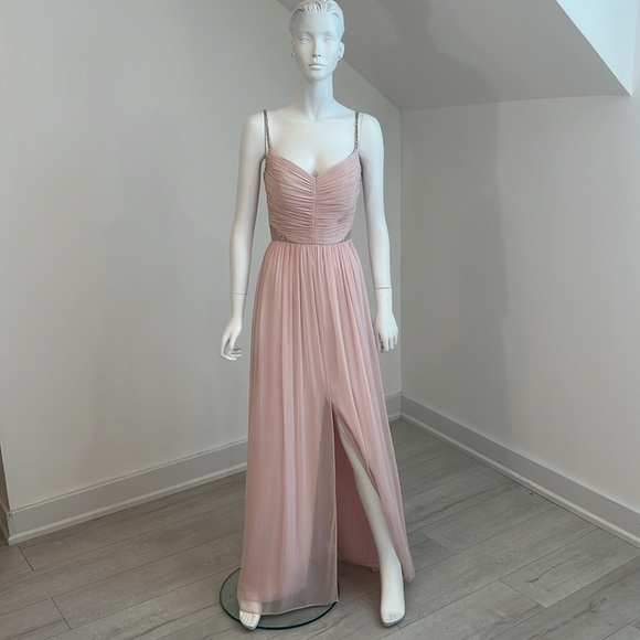 NWT SAMPLE Dessy 2944 size 8 Blush pink Lux Chiffon. Pristine Condition. - Picture 3 of 9